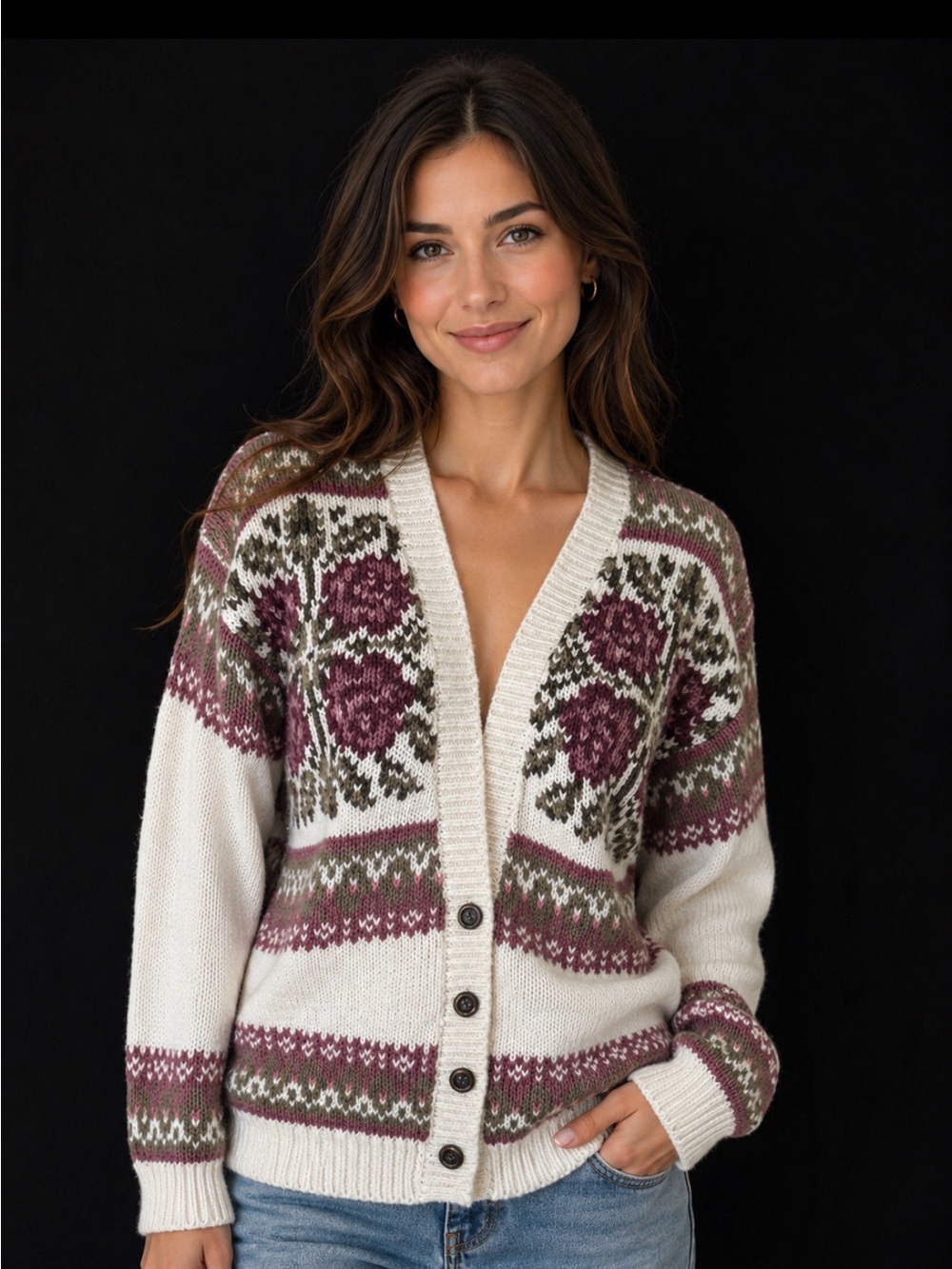 Jantzen Fair Isle Ramie Cotton Cardigan Sweater Cream Mauve Button Front Medium